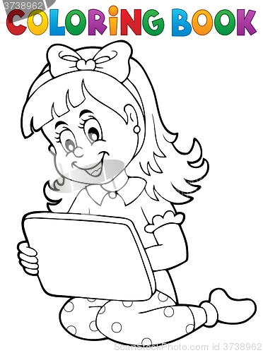 Image of Coloring book girl playing with tablet