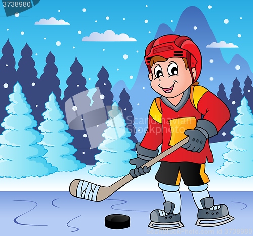 Image of Ice hockey player on frozen lake