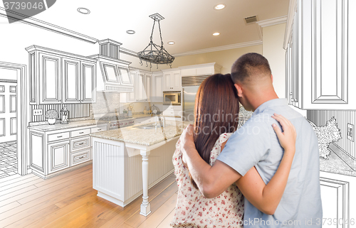 Image of Young Military Couple Inside Custom Kitchen and Design Drawing C