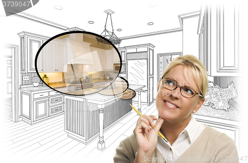 Image of Woman Over Custom Kitchen Drawing and Thought Bubble Photo