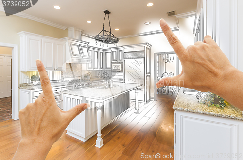 Image of Hands Framing Custom Kitchen Design Drawing and Photo Combinatio