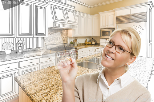 Image of Woman With Pencil Over Custom Kitchen Drawing and Photo Combinat