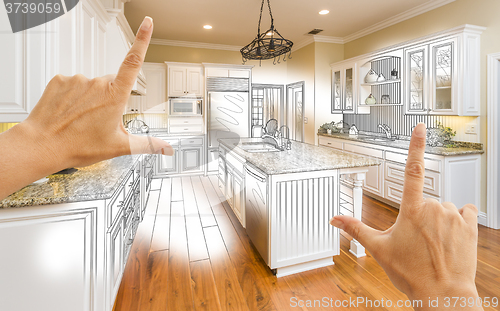 Image of Hands Framing Custom Kitchen Design Drawing and Photo Combinatio