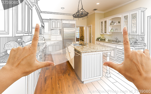 Image of Hands Framing Gradated Custom Kitchen Design Drawing and Photo C