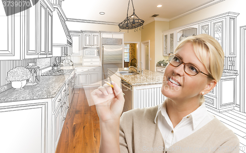 Image of Woman With Pencil Over Custom Kitchen Drawing and Photo Combinat