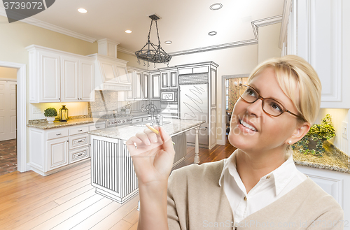 Image of Woman With Pencil Over Custom Kitchen Drawing and Photo Combinat