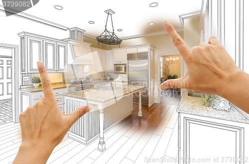 Image of Hands Framing Custom Kitchen Design Drawing and Photo Combinatio