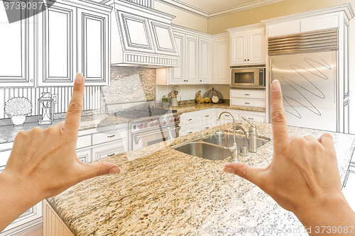 Image of Hands Framing Gradated Custom Kitchen Design Drawing and Photo C