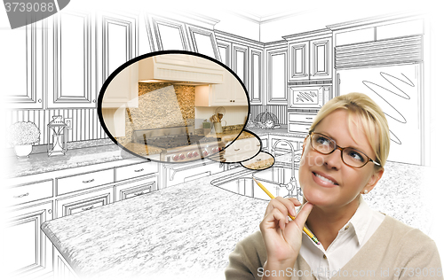 Image of Woman Over Custom Kitchen Drawing and Thought Bubble Photo