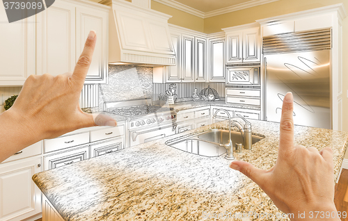 Image of Hands Framing Custom Kitchen Design Drawing and Photo Combinatio