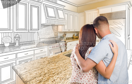 Image of Young Military Couple Inside Custom Kitchen and Design Drawing C