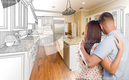 Image of Young Military Couple Inside Custom Kitchen and Design Drawing C
