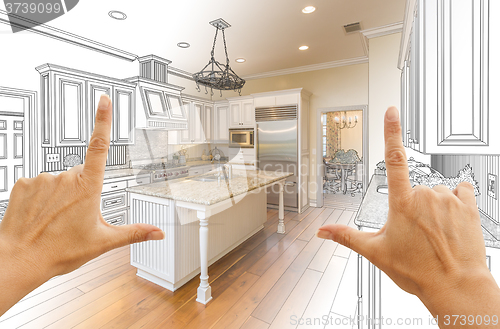 Image of Hands Framing Gradated Custom Kitchen Design Drawing and Photo C