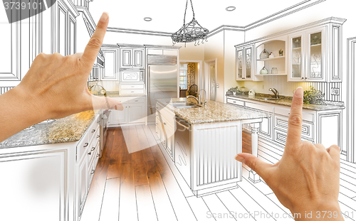 Image of Hands Framing Custom Kitchen Design Drawing and Photo Combinatio