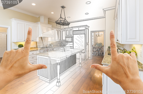 Image of Hands Framing Gradated Custom Kitchen Design Drawing and Photo C