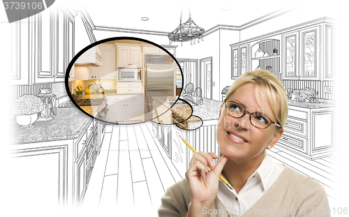 Image of Woman Over Custom Kitchen Drawing and Thought Bubble Photo