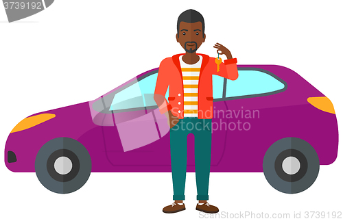 Image of Man holding key from new car.