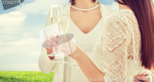 Image of close up of lesbian couple with champagne glasses