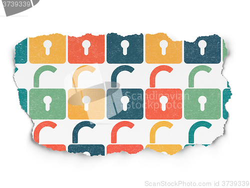 Image of Information concept: Opened Padlock icons on Torn Paper background