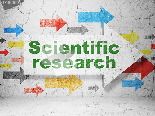 Image of Science concept: arrow with Scientific Research on grunge wall background