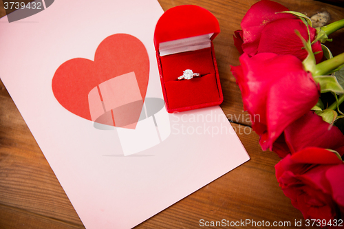 Image of close up of diamond ring, roses and greeting card