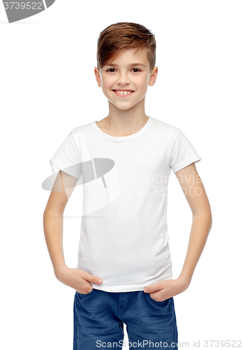 Image of happy boy in white t-shirt and jeans