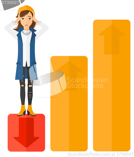 Image of Business woman standing on low graph.