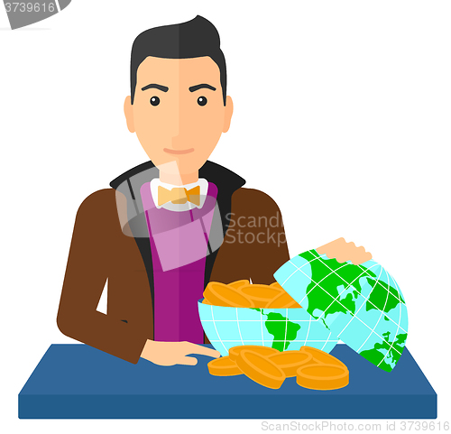 Image of Man with globe full of money.