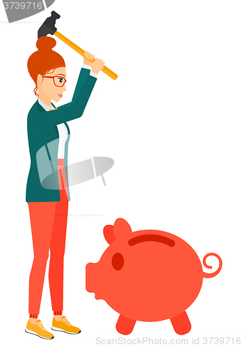 Image of Woman breaking piggy bank.