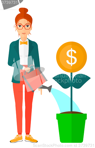 Image of Woman watering money flower.