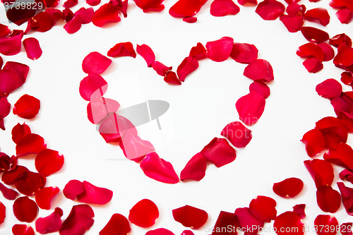 Image of close up of red rose petals in heart shape