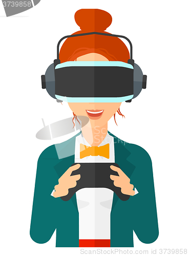 Image of Woman wearing virtual reality headset.