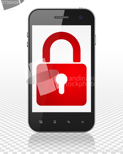 Image of Privacy concept: Smartphone with Closed Padlock on display