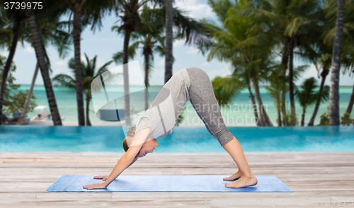 Image of woman making yoga dog pose on mat