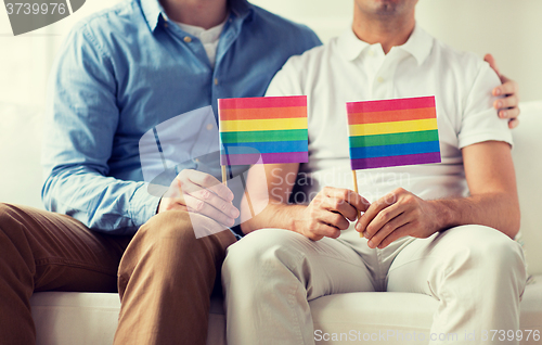 Image of close up of male gay couple holding rainbow flags