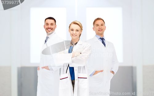 Image of group of happy doctors at hospital