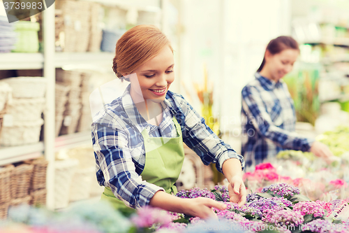 Image of happy woman taking care of flowers in greenhouse