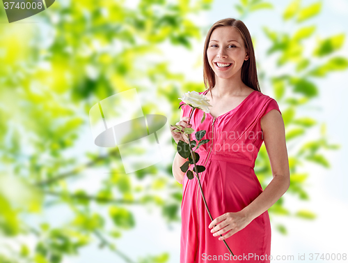 Image of happy pregnant woman with rose flower