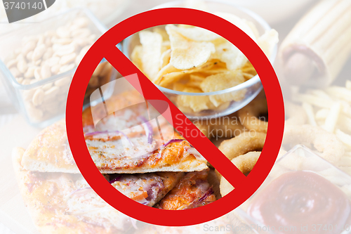 Image of close up of fast food snacks behind no symbol