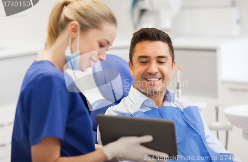 Image of female dentist with tablet pc and male patient