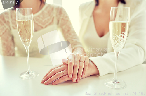 Image of close up of lesbian couple with champagne glasses