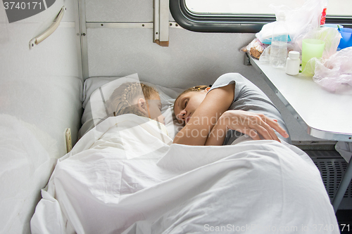 Image of Mom and daughter sleeping on the bottom shelf in a train