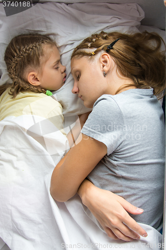 Image of Mom and daughter sleeping on a train