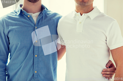 Image of close up of happy male gay couple hugging