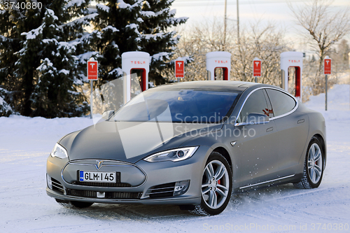 Image of Tesla Model S Electric Car in Winter