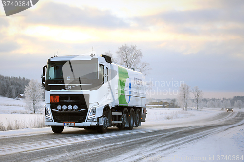 Image of Volvo FH Tank Truck Hauls Diesel Fuel in Winter