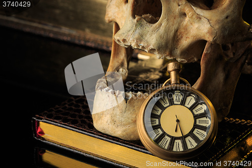 Image of human skull on a book next to the clock. concept of black magic