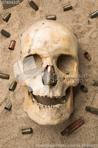 Image of skull lying in the sand, scattered rifle and pistol cartridges. concept of war