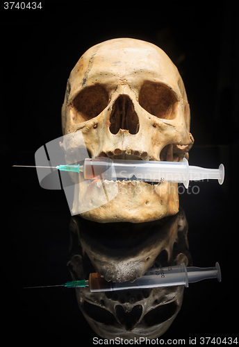 Image of Skull and syringe of yellowish liquid. concept drugs