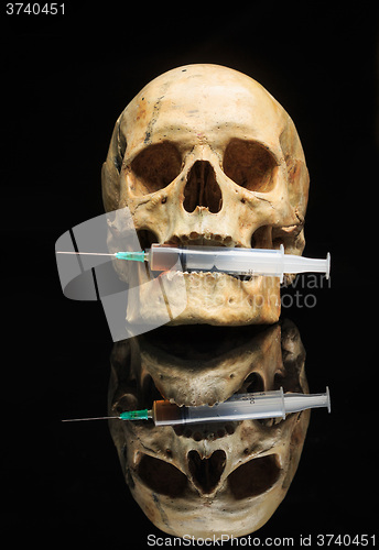 Image of Skull and syringe of yellowish liquid. concept drugs